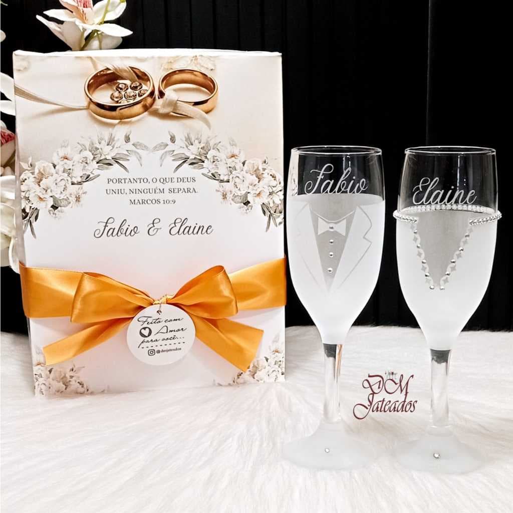 Kit Taças Jateadas Personalizadas Noivos com Caixa | Presente Casamento