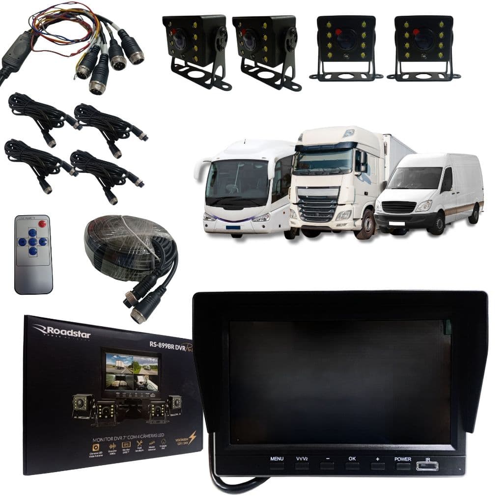 Sistema Dvr Gravador 4 Câmeras Visão Noturna Onibus Caminhão Van Escolar Com Cabos e Cartão SD 128GB