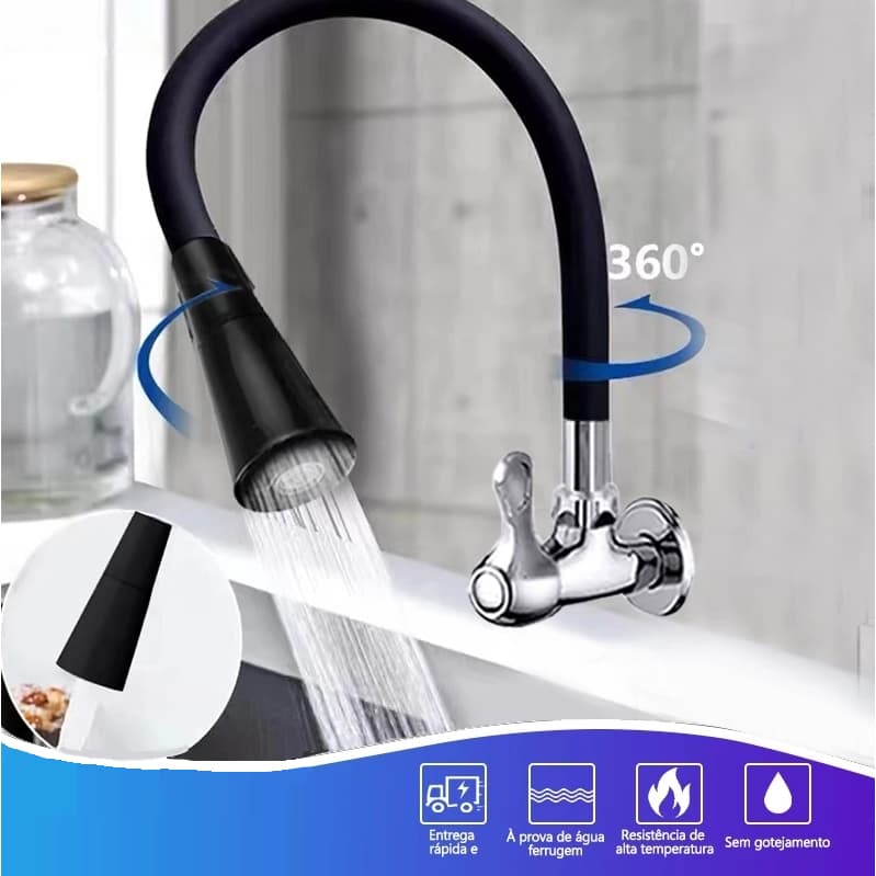 Torneira Gourmet Flexível Cozinha Parede Preto Duplo Jato Cone 1/4 de Volta