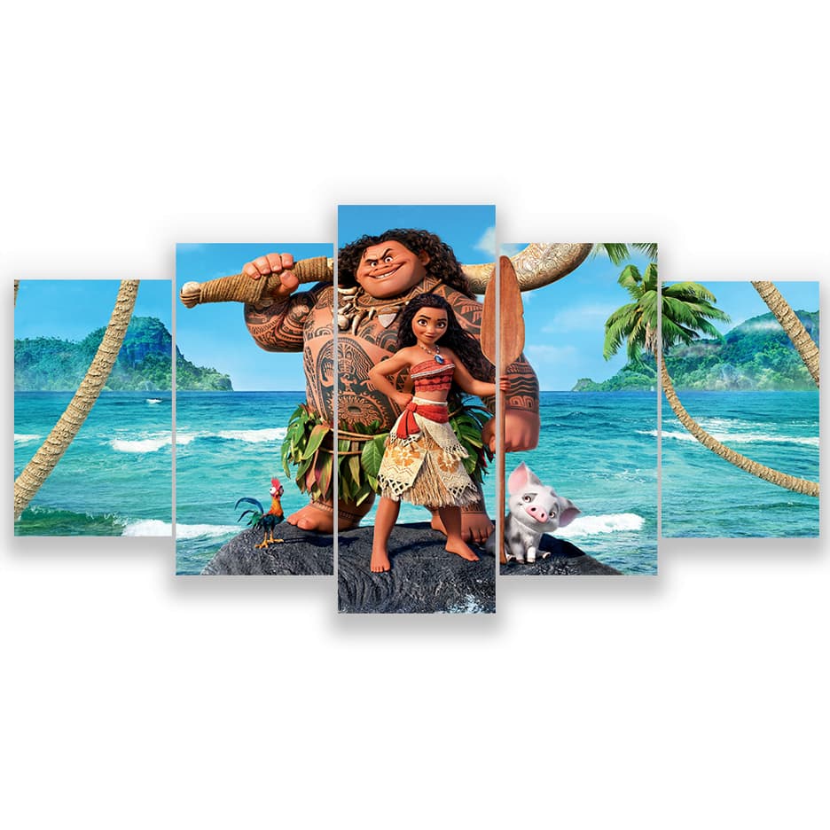 Quadro Decorativo Sala Quarto Moana Maui Filme Personagens Disney Mosaico 5 Peças Hall