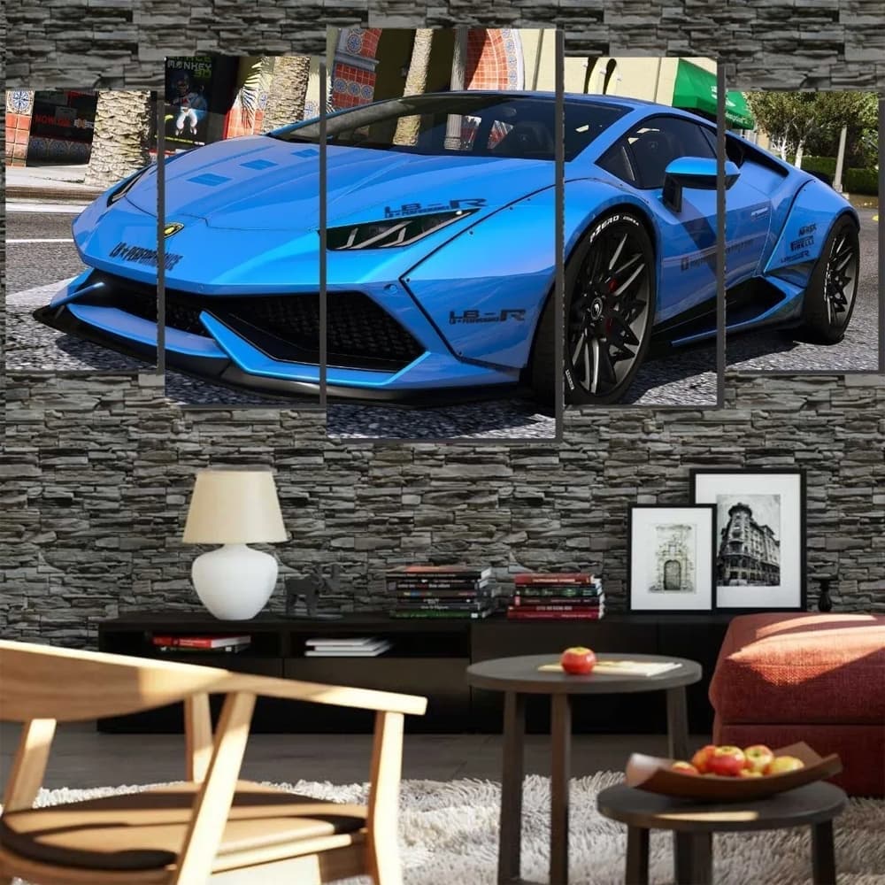 Quadro Decorativo Sala Quarto Lamborghini Azul Carro Automovel Potente Mosaico 5 Peças Hall