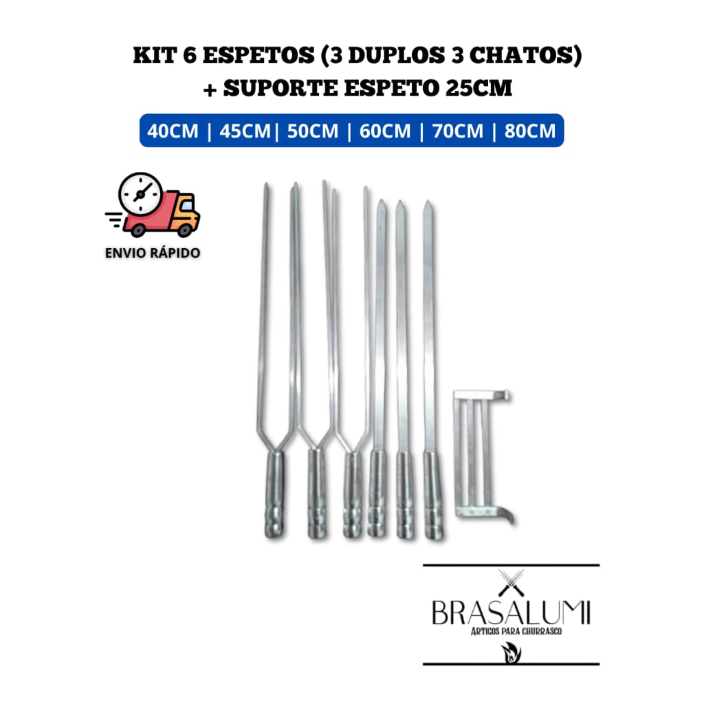 6 espetos p/ churrasco (3 duplo 3 chato) + suporte 25cm