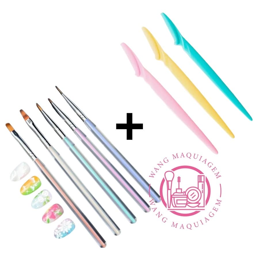 Kit 3 Lâminas Navalha Sobrancelha e Rosto Depilação design + Kit 5 Pinceis Para Nail Art