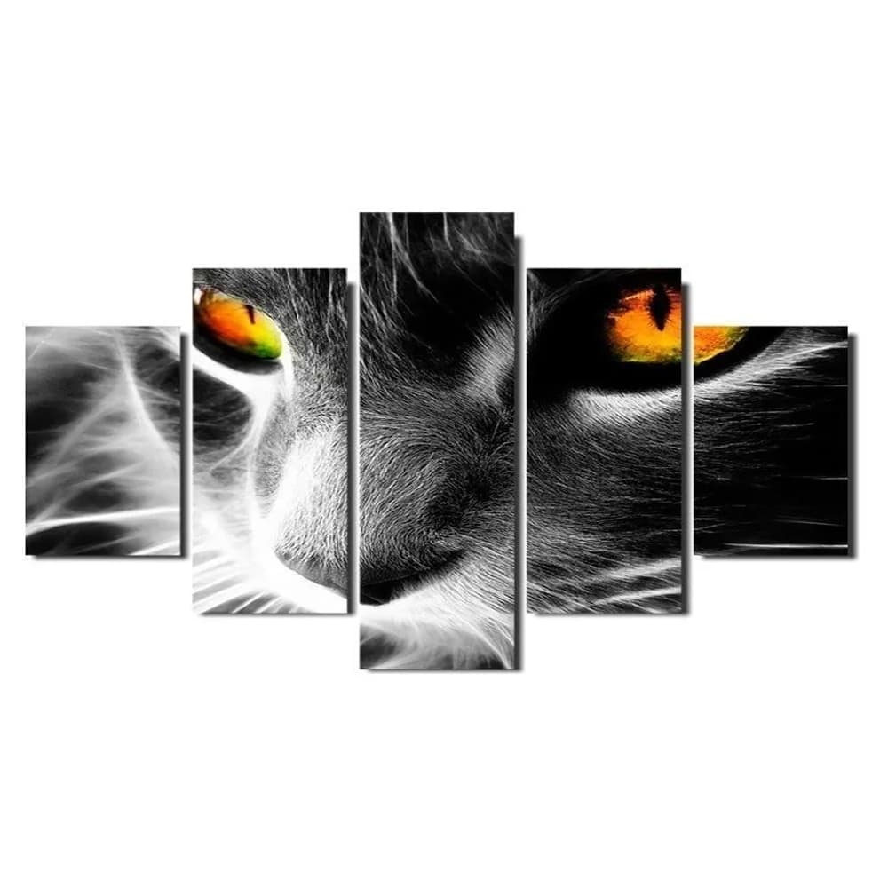 Quadro Decorativo Gato Preto Olhos Coloridos Mosaico 5 Peças Animal Místico Sala Quarto