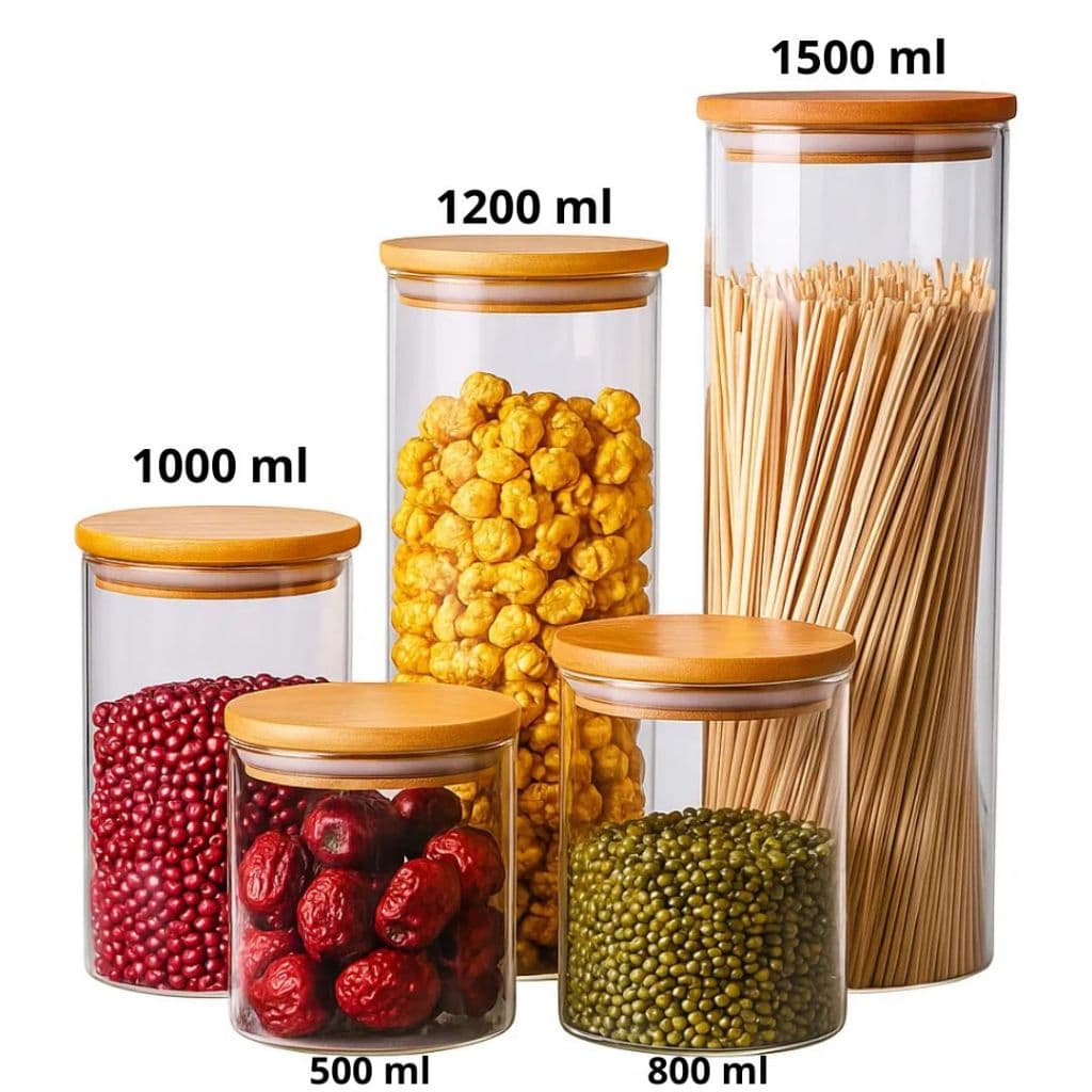 Kit Pote Bambu Hermetico Vidro Para Mantimentos Grãos Biscoito Bolacha Moderno