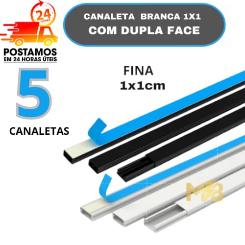 5 Canaletas Finas 1x1cm PVC Branco /  Preto  com Fita Dupla Face de 1 Metro