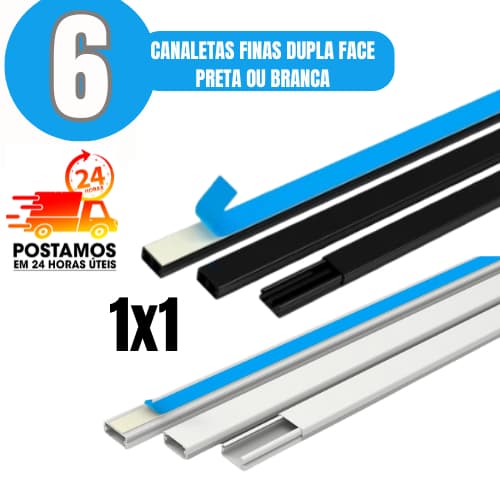 6 Canaletas Finas 1x1cm PVC Branco ou Preto com Fita Dupla Face de 1 Metro