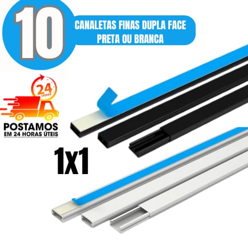 10  Canaletas Finas 1x1cm PVC Branco ou preta com Fita Dupla Face de 1 Metro
