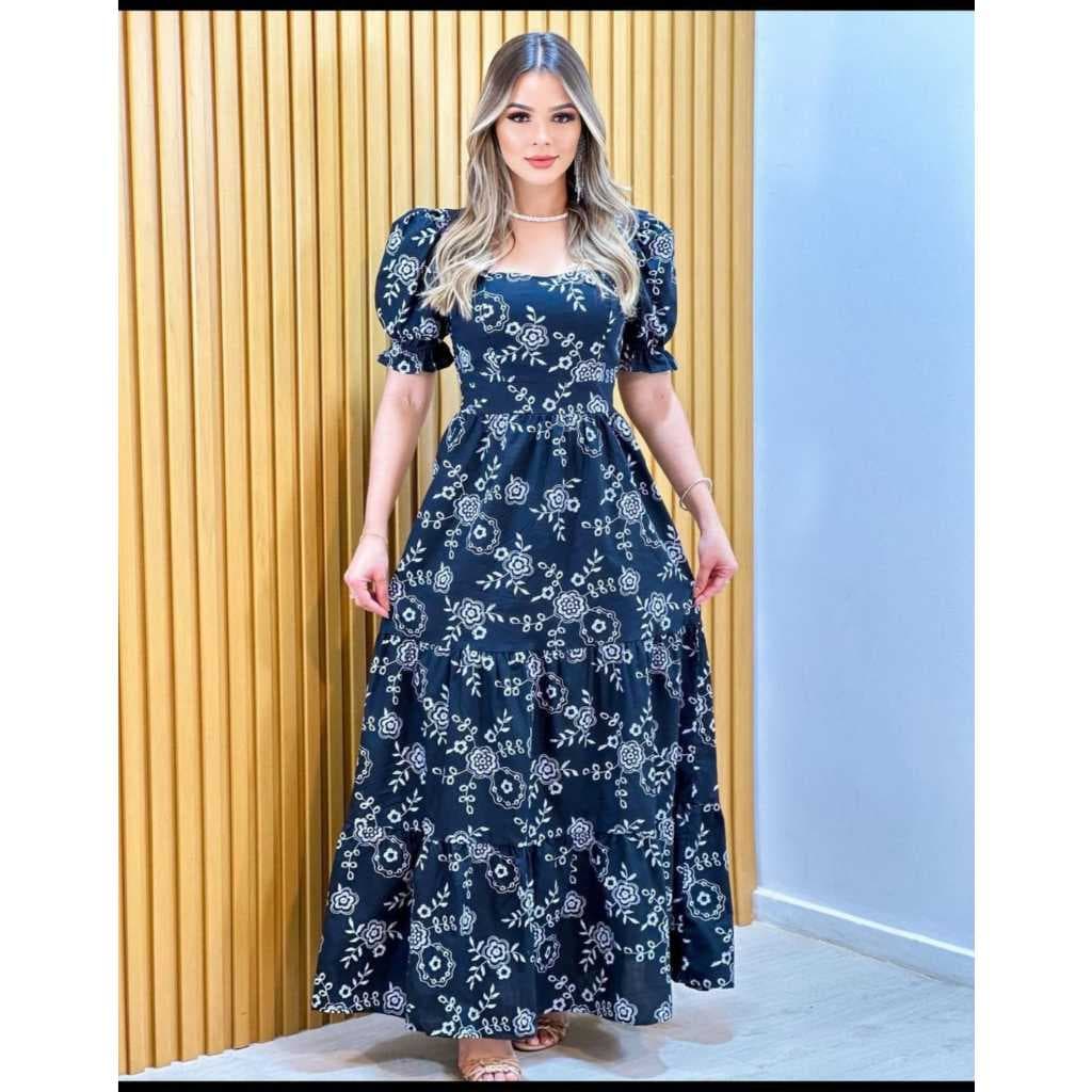 Vestido Feminino Longo 3 Marias com Elastex nas Costas Estampado em Tricôline com Manga Bufante