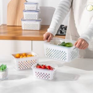 Organizador Geladeira 3 Potes Herméticos com Cesto e Tampa – Para Frutas, Alimentos e Legumes