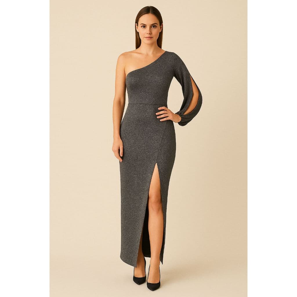 Fhaipi Vestido Longo com Fenda Ombro só em Lurex