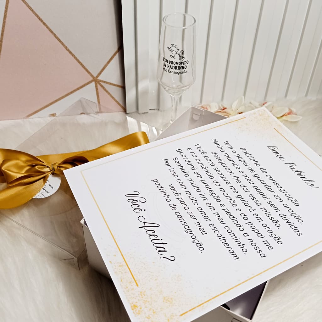 Kit Padrinho ou Madrinha de Consagração | Taça Personalizada + Caixa com Laço + Convite | DM Jateados