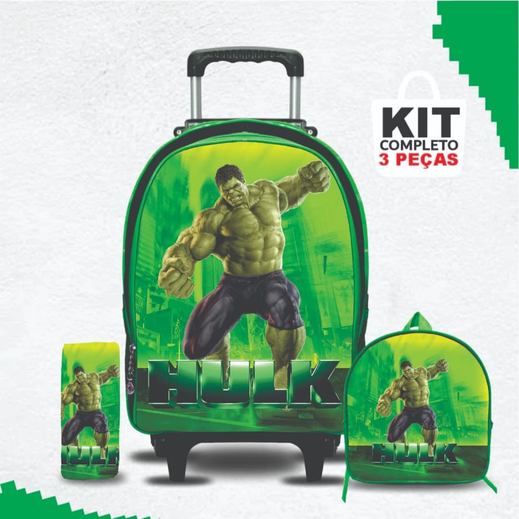 Kit mochila escolar Hulk com lancheira e Estojo - com Rodinhas - Menino -Masculino