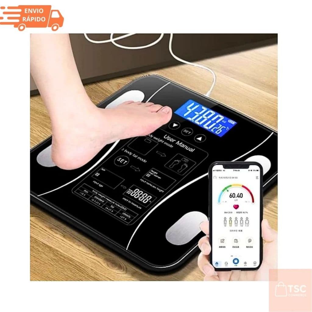 Balança Corporal Bioimpedância com Bluetooth – 10 Índices, App iOS/Android, Até 180kg, Alta Precisão