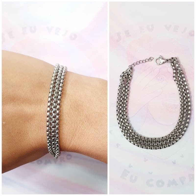 Pulseira aço inox 3 voltas elos moda feminina bracelete cirúrgico