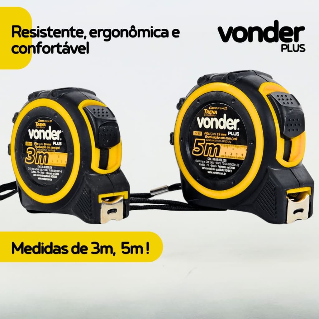 Trena Profissional Emborrachada 5m 3m C/ Trava Reforçada, Fita Métrica, Medições - VONDER PLUS