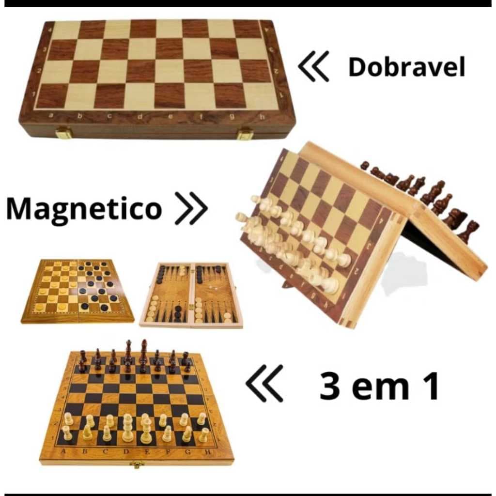 Jogo Tabuleiro 3 EM 1 Dama Xadrez Gamao Em Madeira Magnetico Profissional 29x29