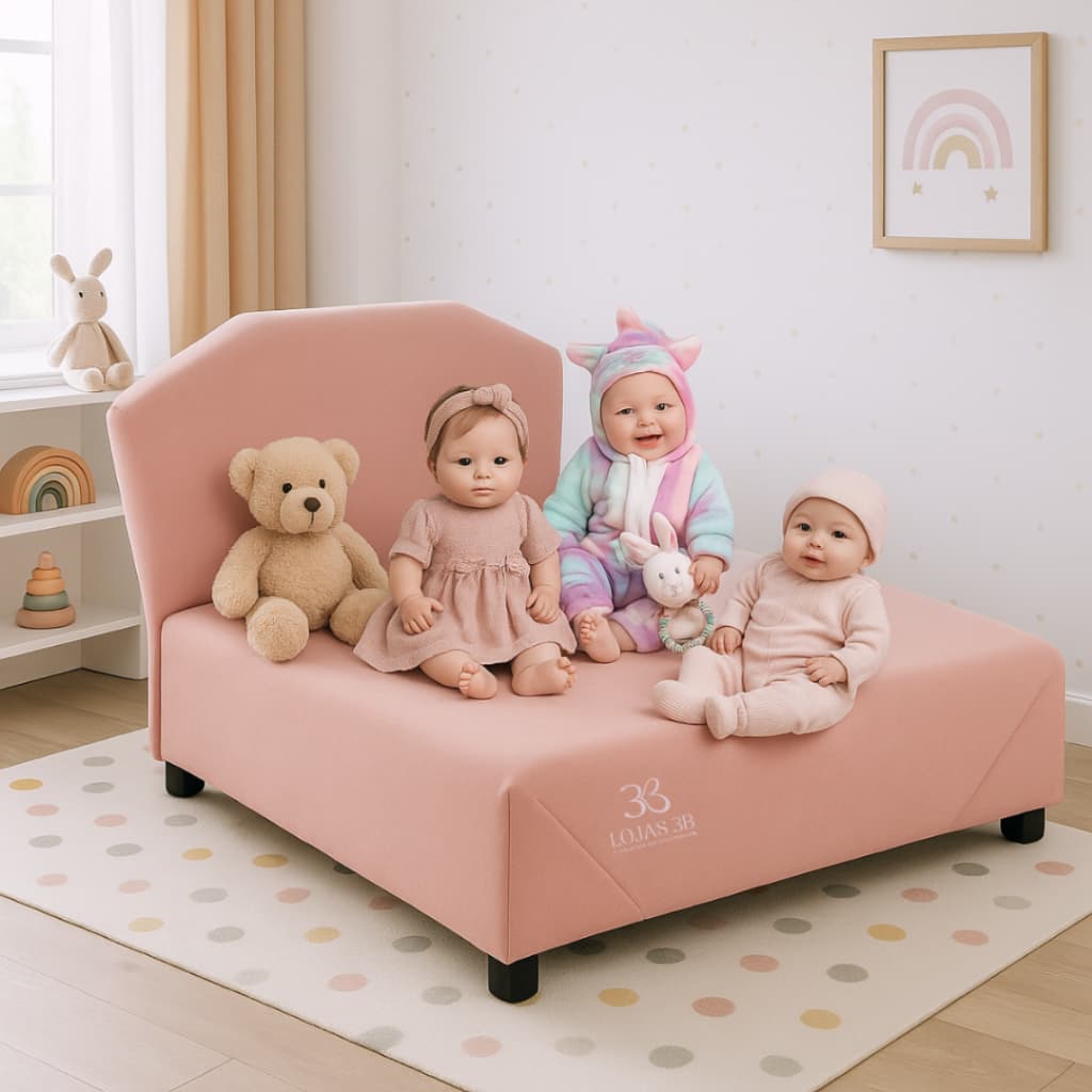 3B Cama Box Caminha Estofada Premium para Boneca Bebê Reborn 70cm com Cabeceira em Suede Rosa Blush