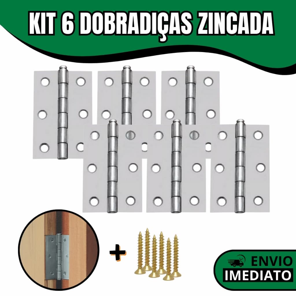 Kit 6 Dobradiças De Aço Zincada COM PARAFUSO Vários Tamanhos Para Postas Móveis e Janelas
