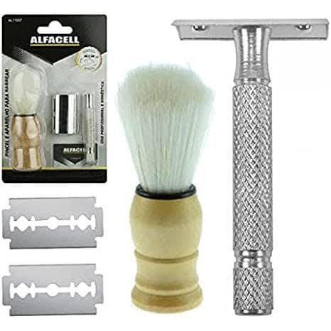 Kit Pincel e Aparelho De Barbear Inox barbeador Profissional Retro Antigo e Lâmina