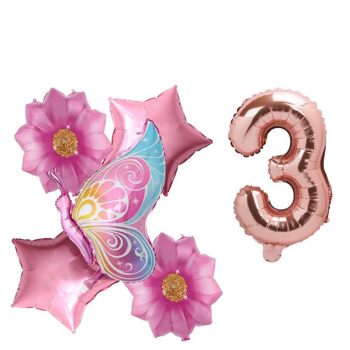 Kit 5 Balões Metalizados Estrela e Borboleta Rosa + 1 ou 2 Números Rose