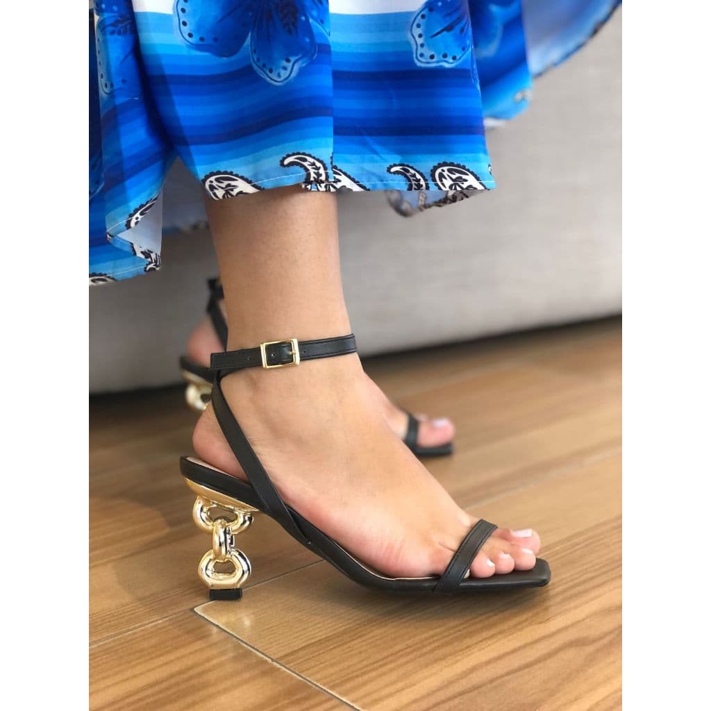 Sandalia Salto Corrente 8cm moda verão feminina frente quadrada ideal para festas eventos