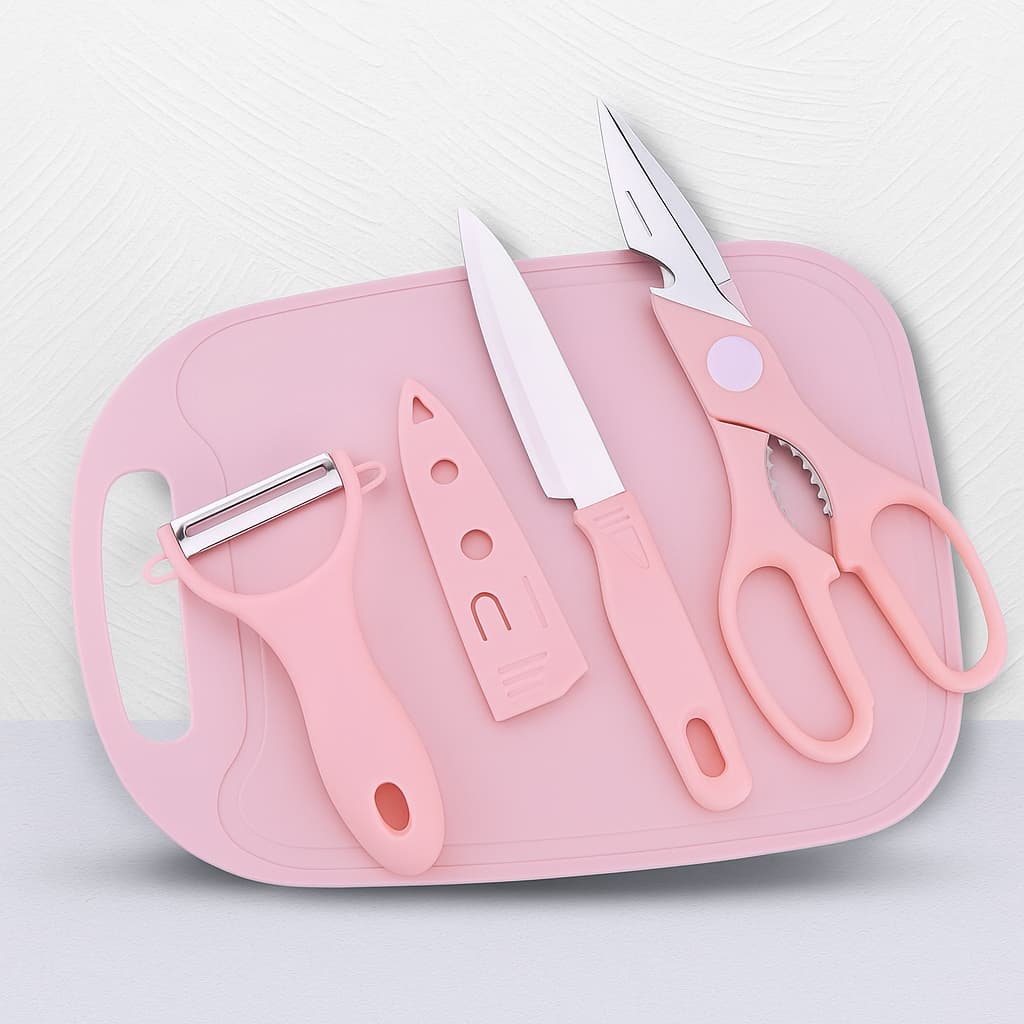 Kit Utensílios de Cozinha Rosa 4 Peças – Faca, Tesoura, Tábua e Descascador