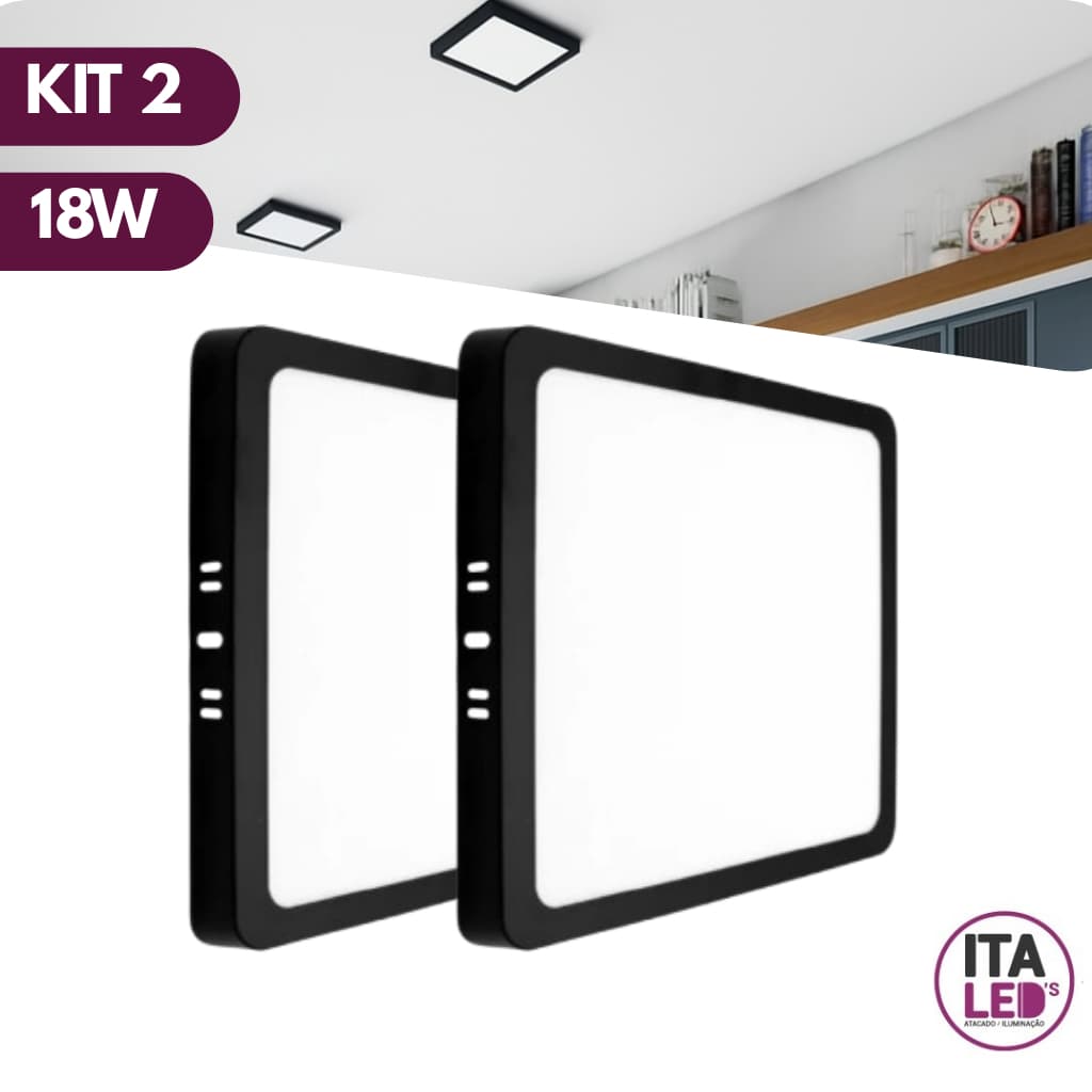 Kit 2 Luminária Painel Plafon Led 18W Preto Quadrado Sobrepor Branco Frio 6500K Bivolt