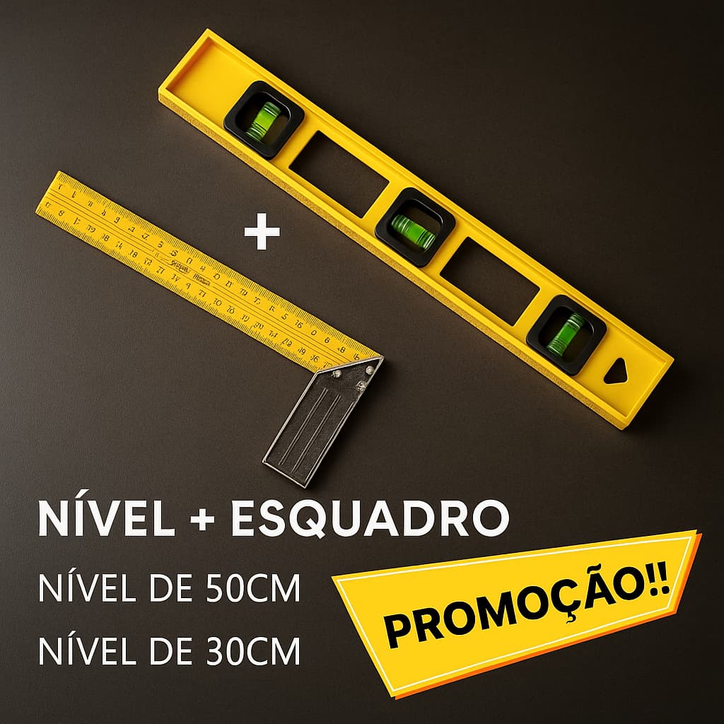 Esquadro Régua Carpinteiro Pedreiro Metálico Aço De 30cm Kit Profissional e Nível Polímetro Pedreiro