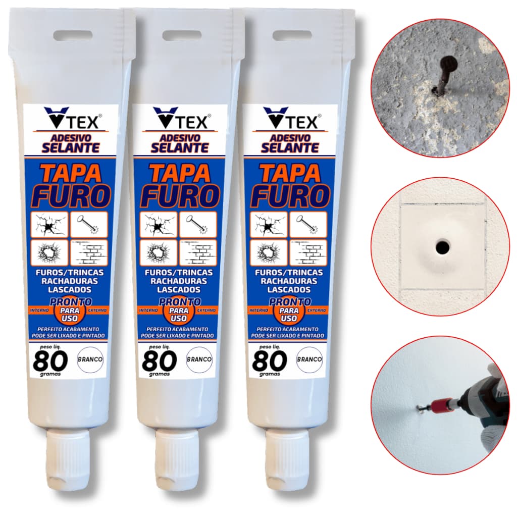 KIT 3 unidades bisnaga TAPA FURO VTEX de Parede Prego Rachadura Buraco, frestas, vãos, trincos 80GR