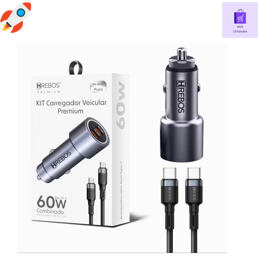 Kit Carregador Veicular Turbo Carro Celular 2x USB 60W Hrebos Preemium