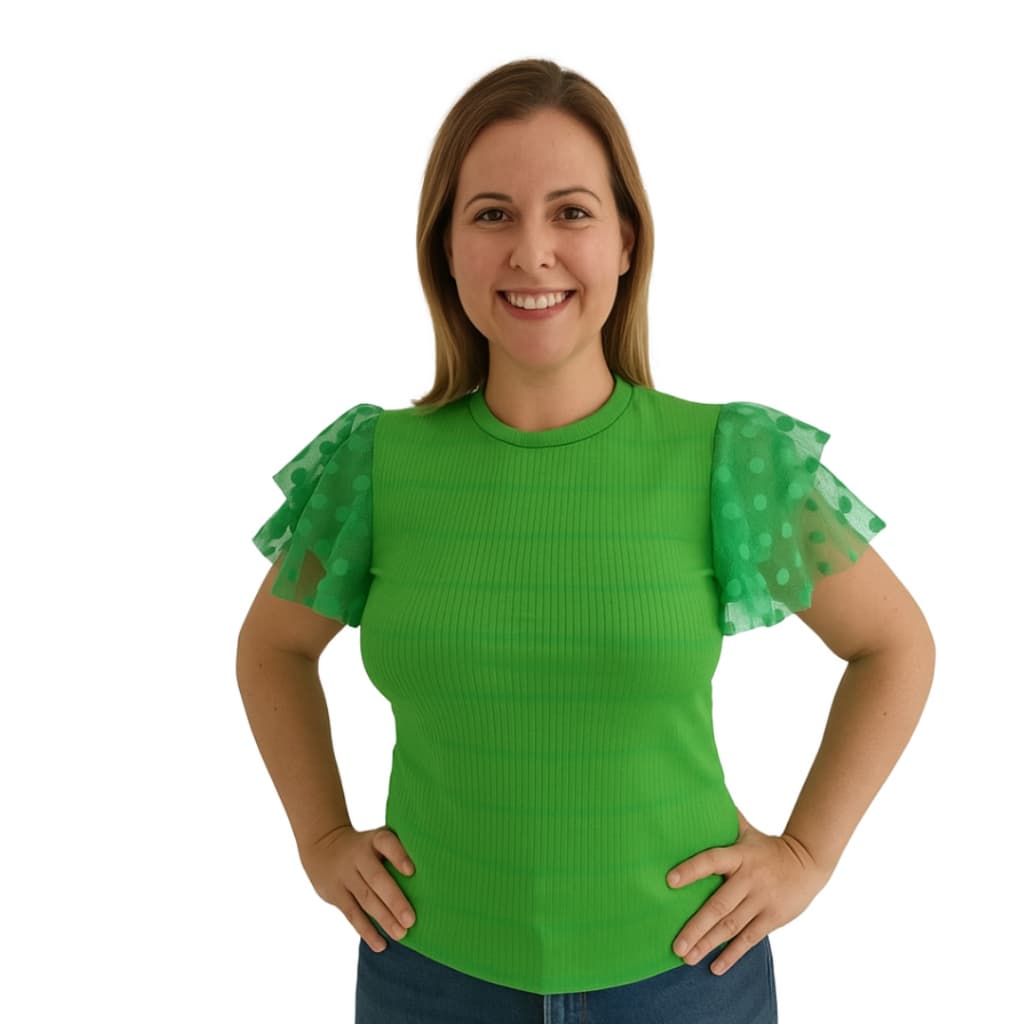 Blusa Feminina Canelada com Manguinha curta Blusinha Tule com Babado Tendência