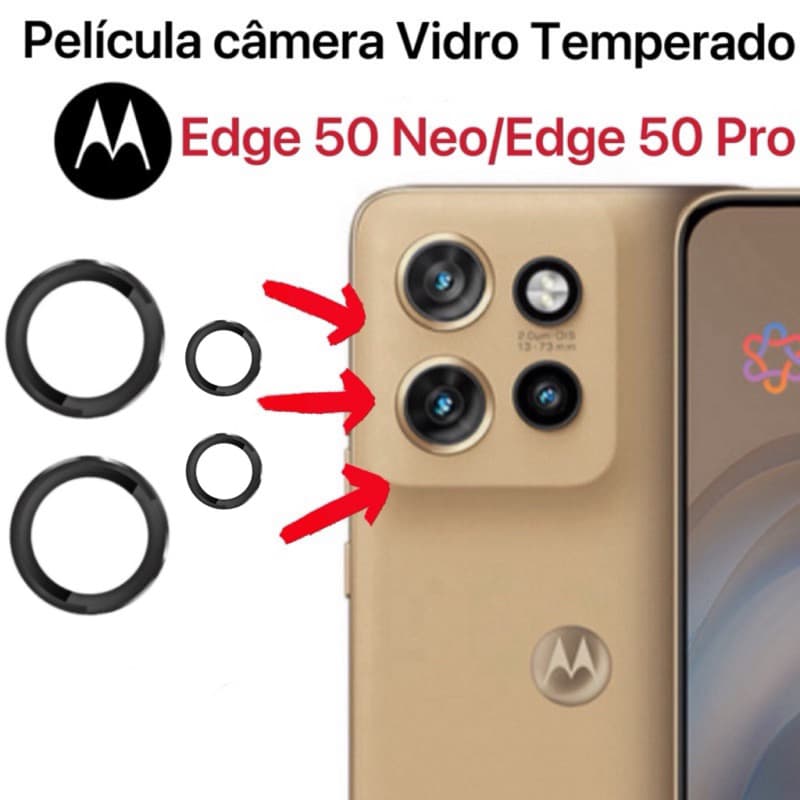 Kit 4 peças Películas De Câmeras vidro temperado Para Motorola Edge 50 Neo/Edge 50 Pro Protetor De Lente Anel De Metal
