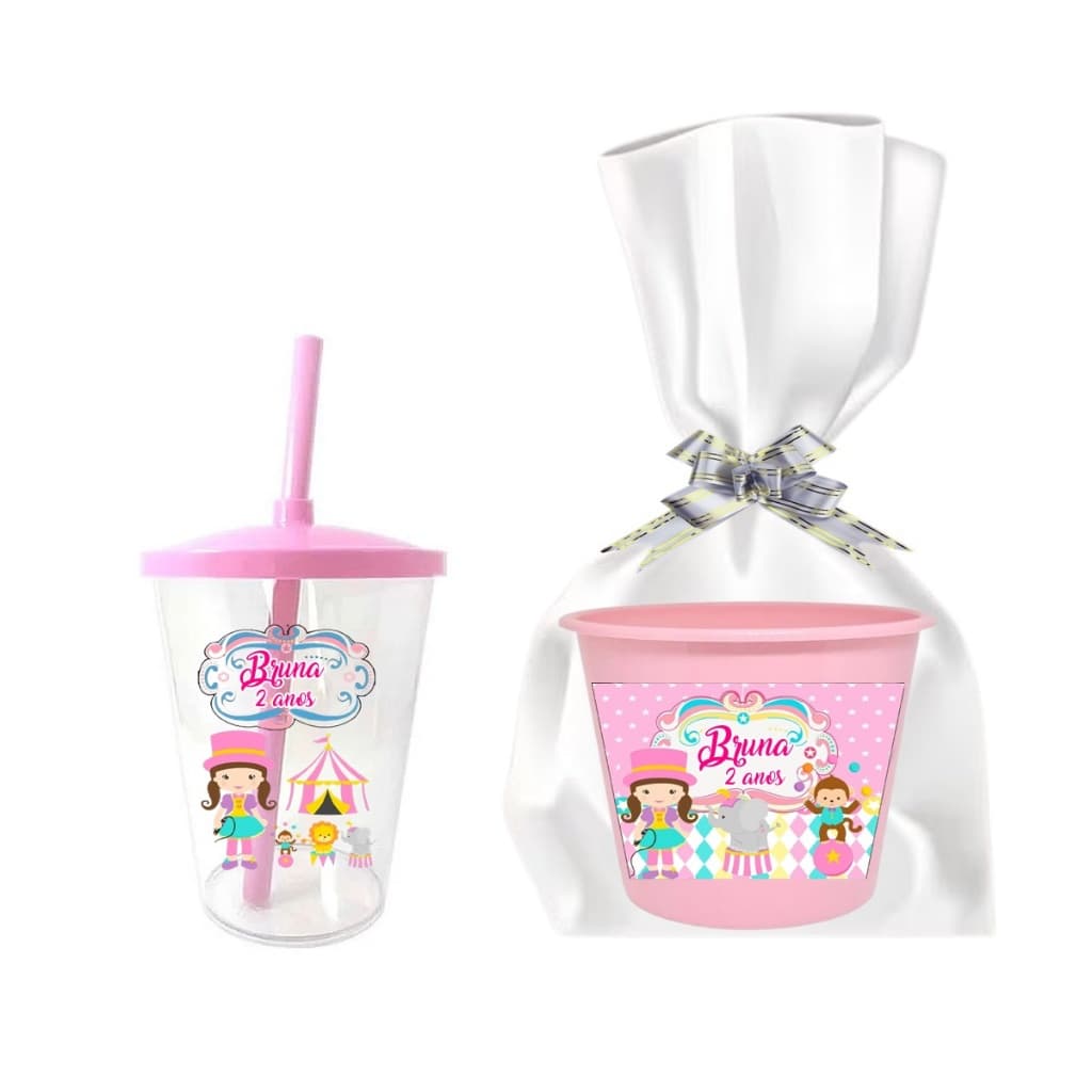 20 Copo Twister + 20 Balde De Pipoca Personalizado Circo rosa  com embalagem