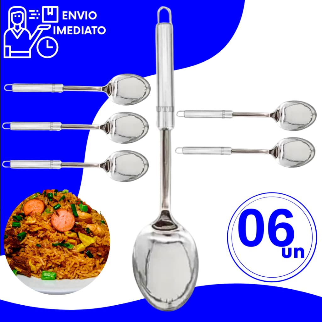 Kit Colher Arroz Inox 32cm Grande Multiuso Utensílios de Cozinha Preparar Servir Mesa Refeições