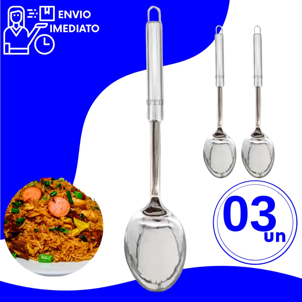 Kit  Colher Arroz Inox Grande 32cm Utensílios de Cozinha Preparar Servir para Casas Restaurantes
