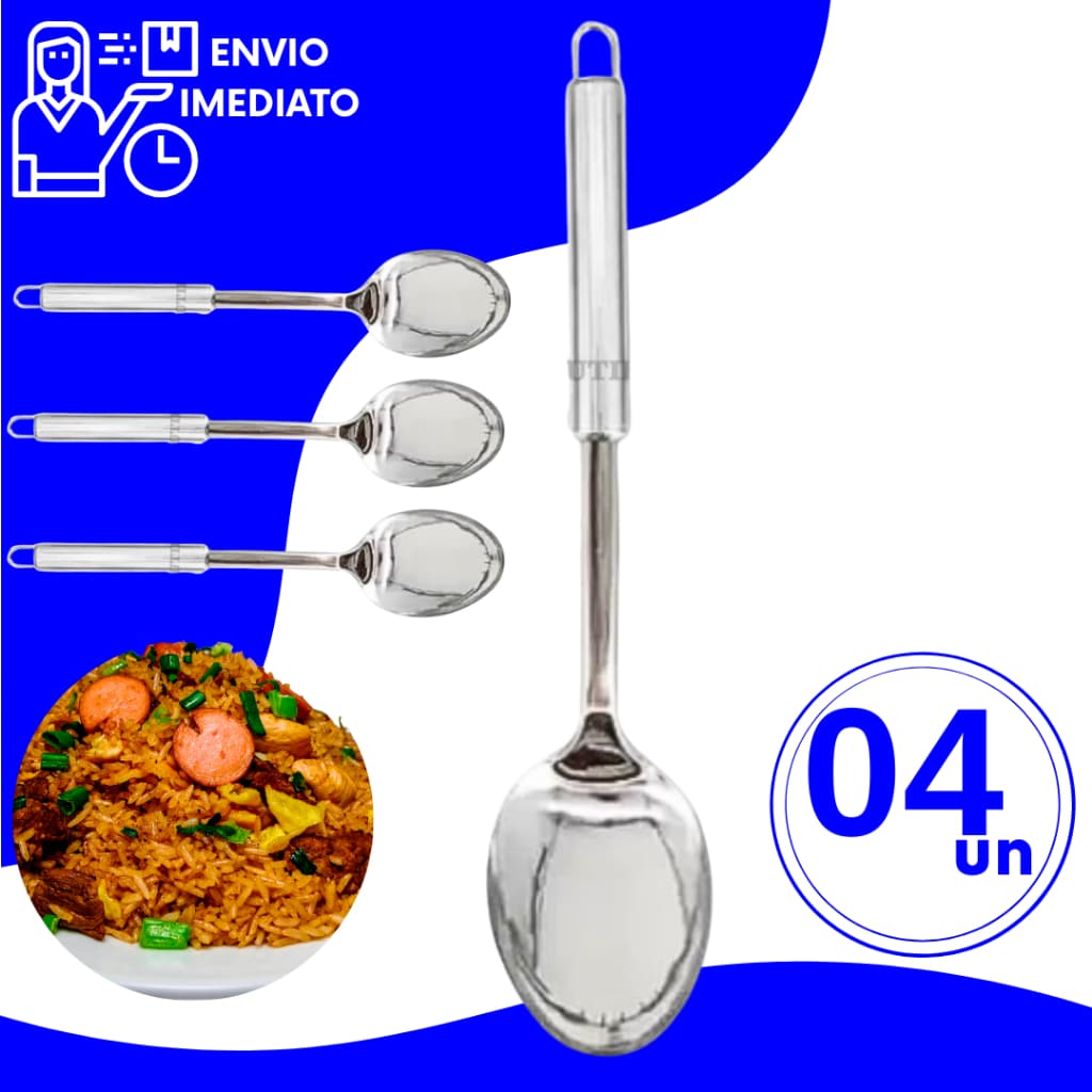 Kit Colher Arroz Inox 32cm Grande Multiuso Utensílios de Cozinha Preparar Servir Refeições
