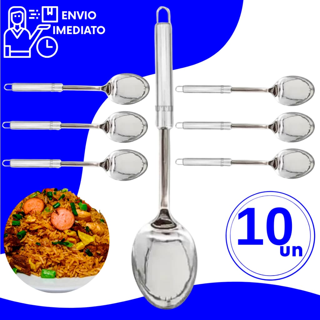Kit Colher Arroz Grande 32cm Inox Multiuso Utensílios de Cozinha Preparar Servir para Buffet