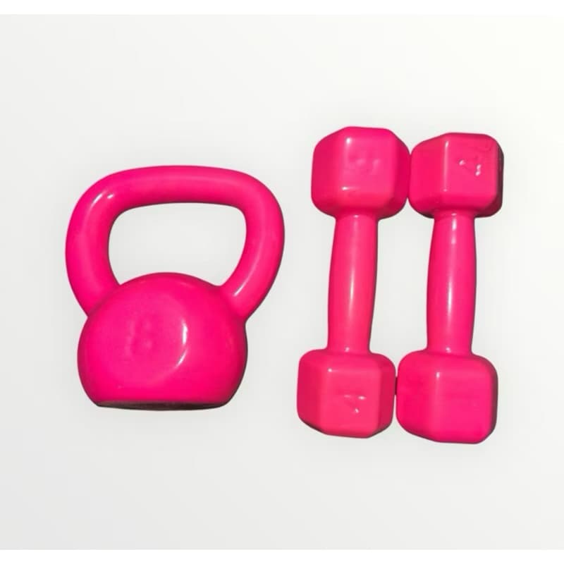 Kit par de halteres sextavado 3kg + ketlebell 8kg rosa emborrachado