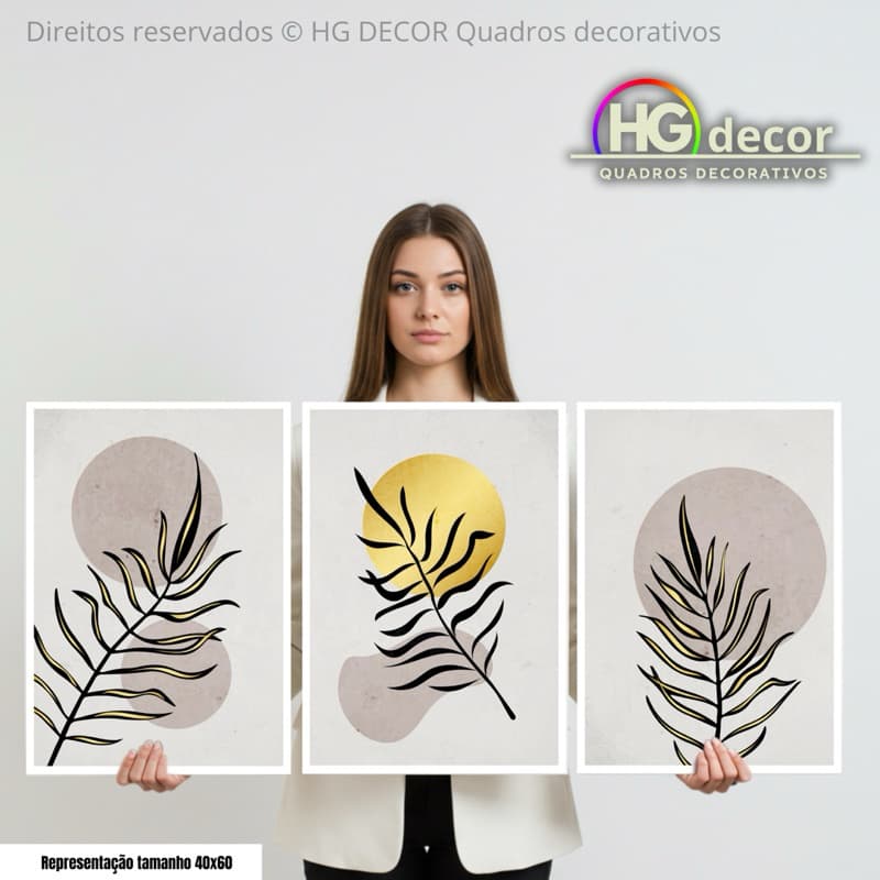 Kit de Quadros Folhagem Minimalista Moderno - 3 Peças Sala Quarto Escritório - Decoração