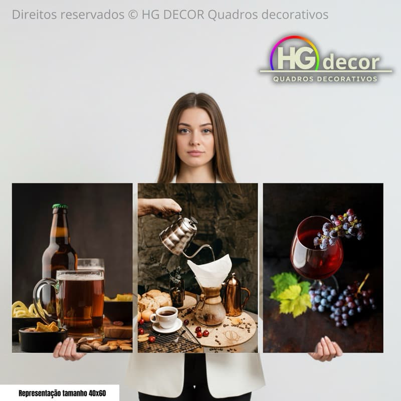 Kit 3 Quadros Decorativos Bebidas Gourmet – Cerveja, Vinho e Café | Estilo Rústico Elegante para Cozinha ou Sala de Jant