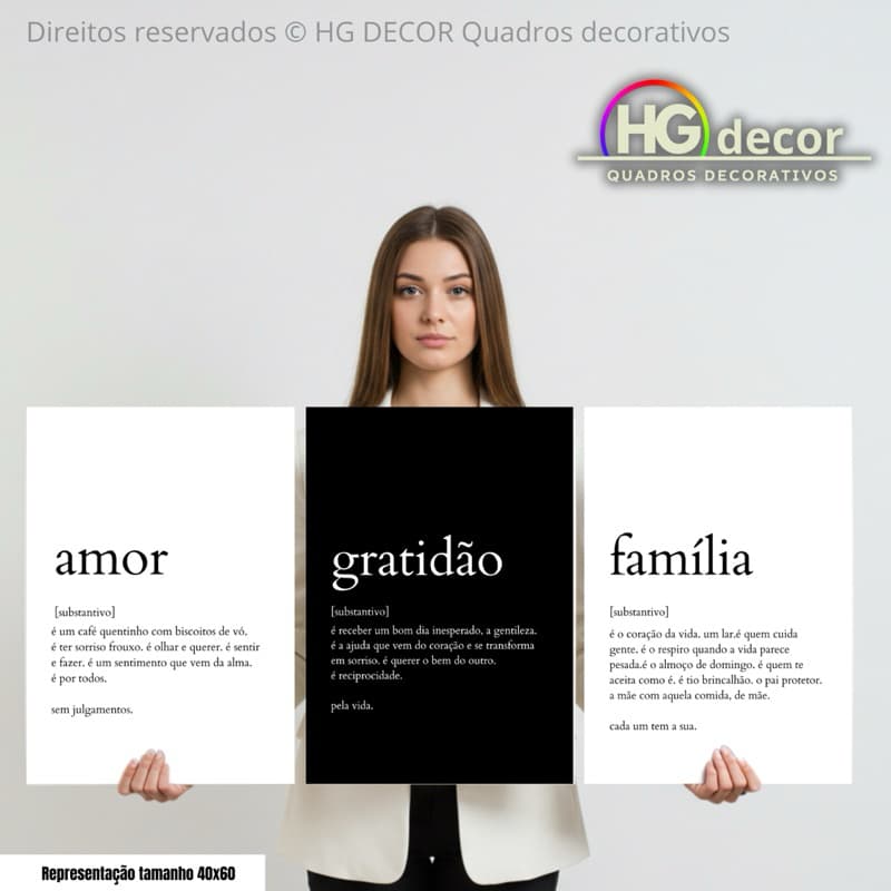 Kit Quadros Amor, Gratidão e Família – Quadros Decorativos Pretos e Brancos