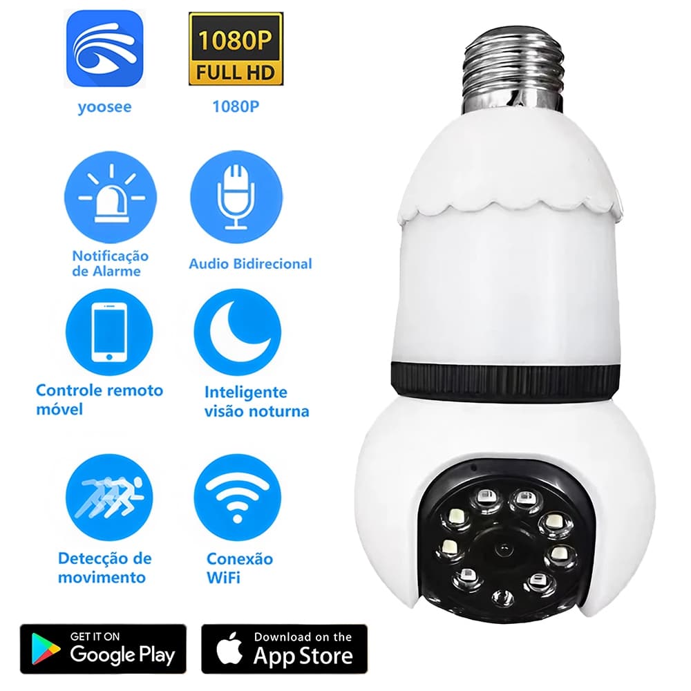 Lâmpada Câmera Segurança Wi-Fi E27 1080P - Iluminação LED + Monitoramento, Visão Noturna Colorida, Rotação 355°, Alarme