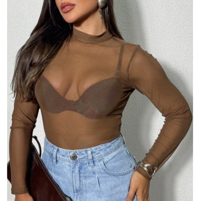 Body Tule Feminino Manga Longa Marrom - Vinho Transparente Tendência
