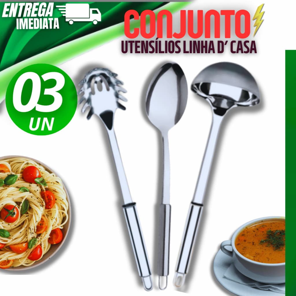 Combo Especial 03 Peças Concha Multiuso Colher de Arroz Pegador de Massas Linha Premium Casa Cozinha