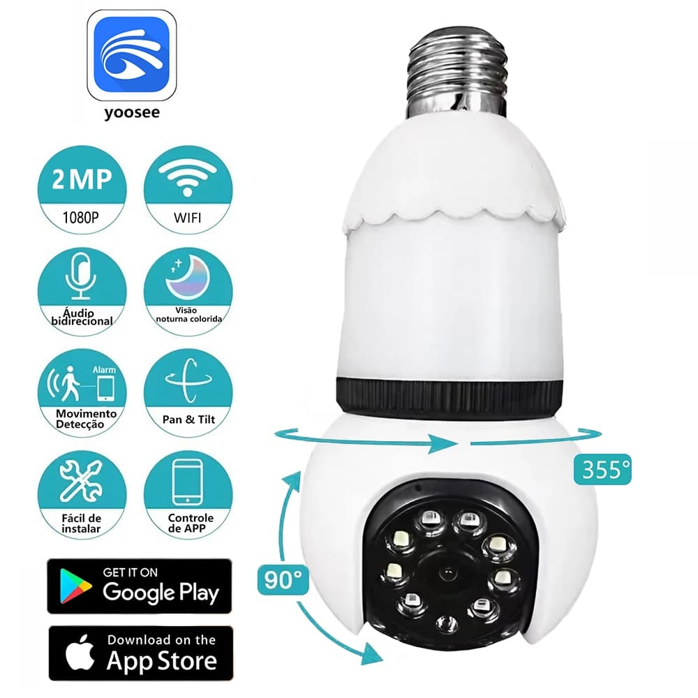 Lâmpada Câmera Wi-Fi E27 1080P - LUZ LED + Monitoramento 24h, Visão Colorida Noturna, Alarme, APP, Soquete Grátis