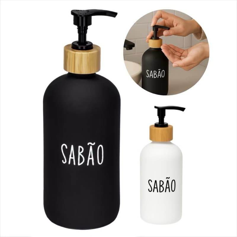 Porta Sabão Líquido 500ml com Tampa de Bambu