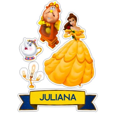 Topo Topper de Bolo A Bela e a Fera Princesas Personalizado Nome Idade 2