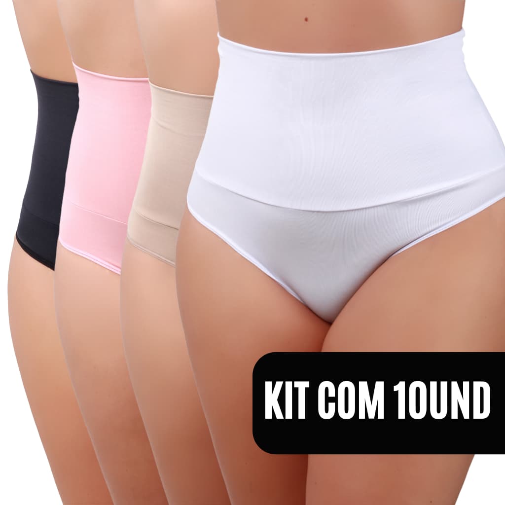 Kit com 10 Calcinhas Básicas Cintura Alta Forro 100% Algodão