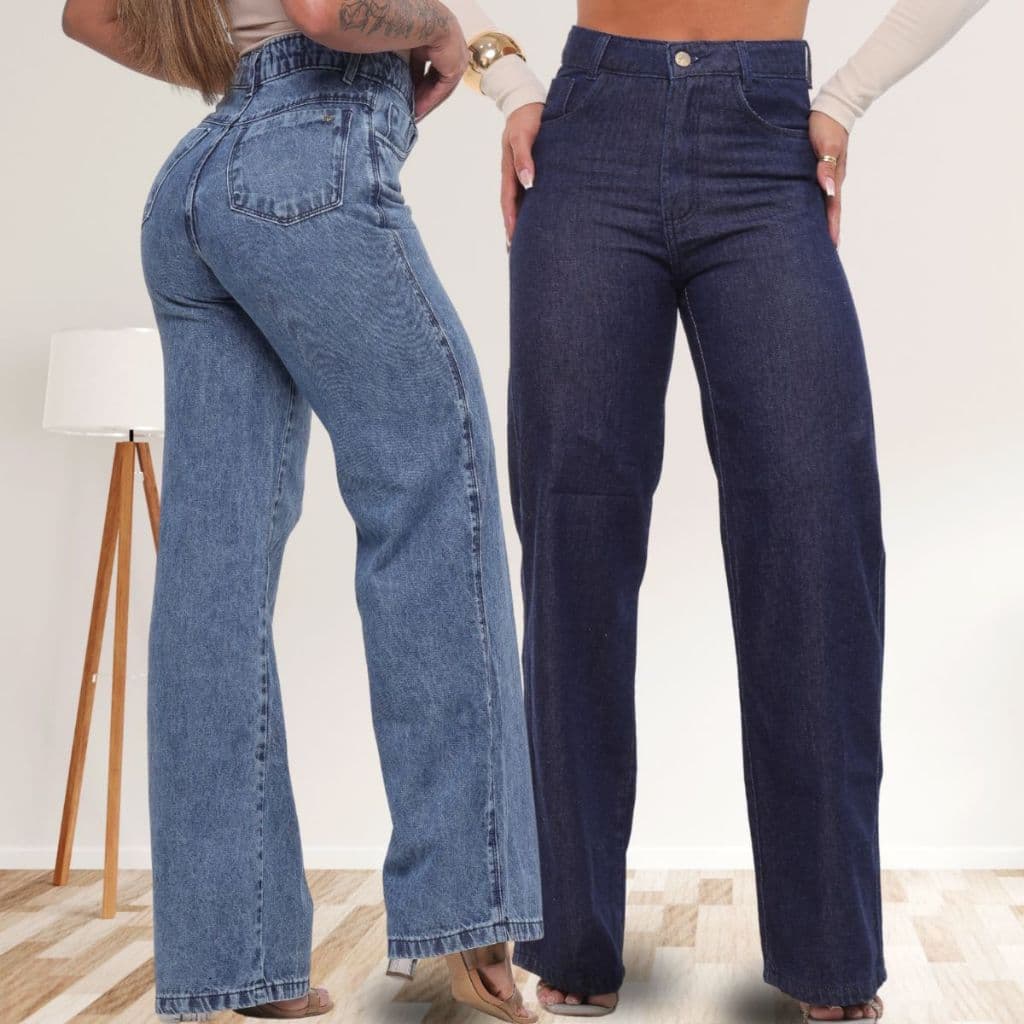 KIT 2 Calças Jeans Wide Leg Pantalona Marmorizada e escura amaciada CÓS Alta 100% Algodão Premium